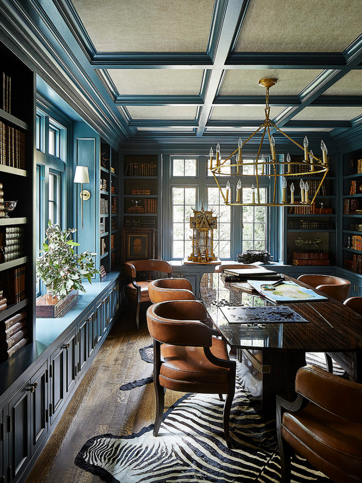 This is an example of a classic home office in Denver with blue walls, dark hardwood flooring, brown floors and a wallpapered ceiling.