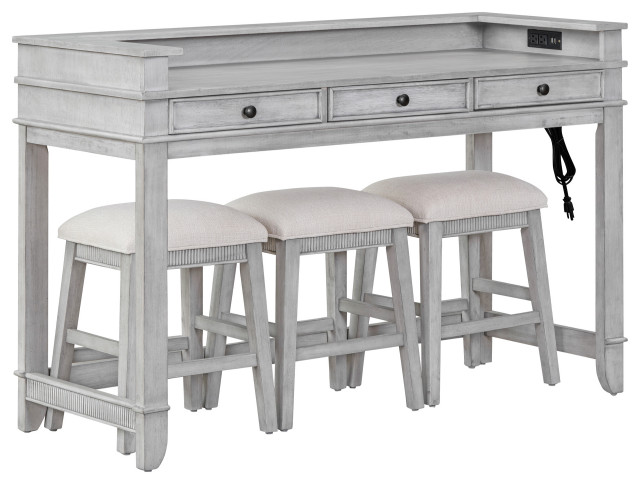 Farmhouse Kitchen Table Set 4-Piece Bar Table Set With 3 Stools & Power ...