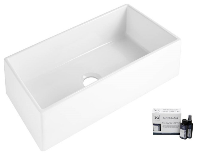 Austen 36" Farmhouse Fireclay Single Bowl Kitchen Sink, Crisp White and Care Kit
