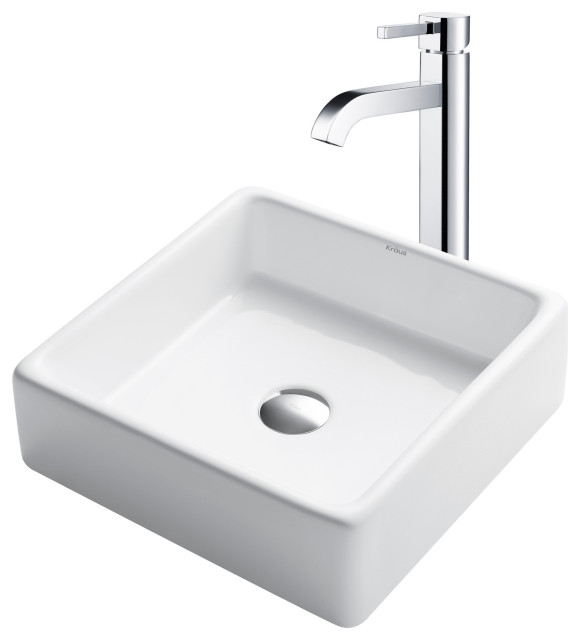 Elavo Square Ceramic Vessel Sink, Bathroom Ramus Faucet, PU Drain