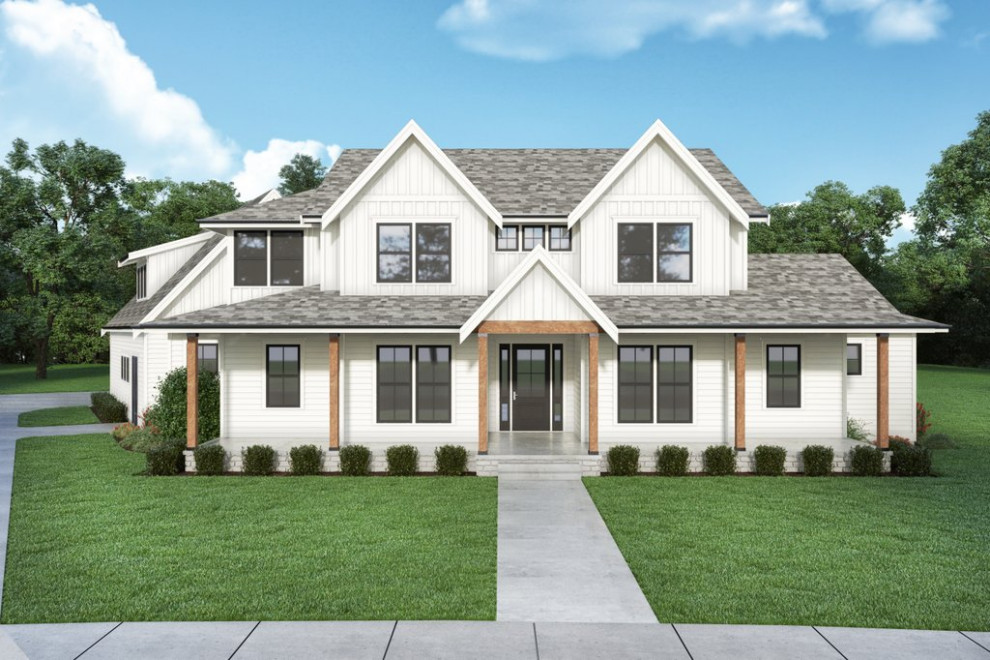 Idées déco pour une façade de maison blanche campagne en bois et bardage à clin à un étage avec un toit à deux pans, un toit en shingle et un toit gris.