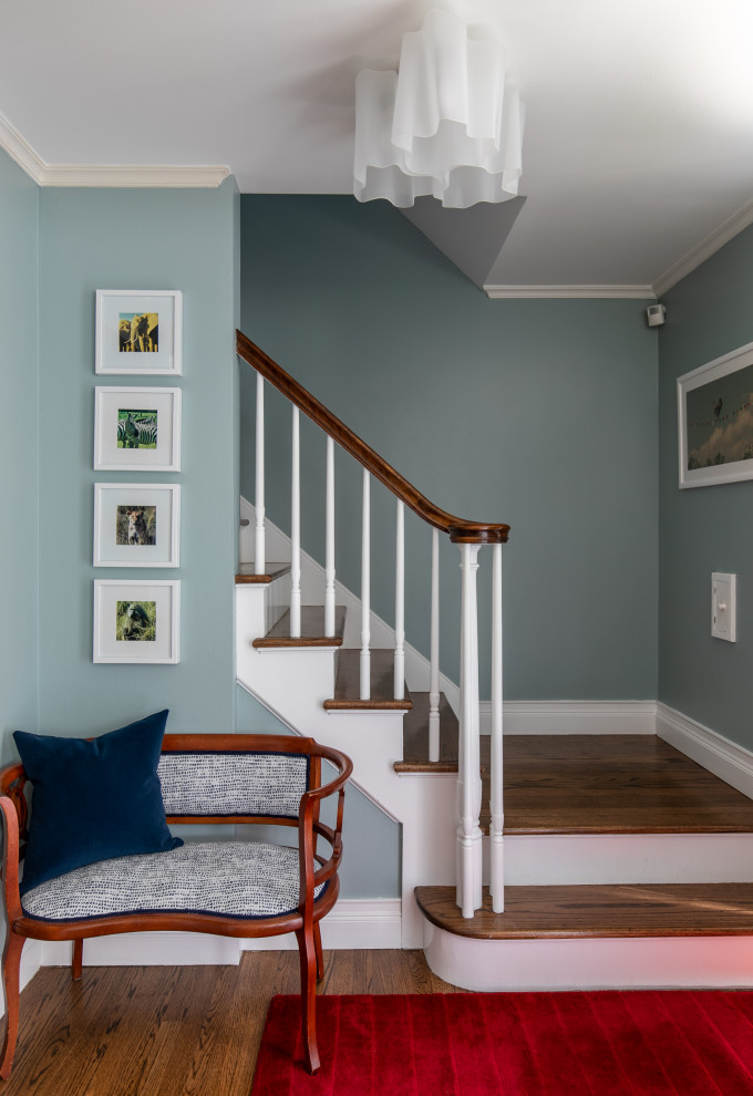 Idée de décoration pour un petit hall d'entrée design avec un mur bleu, parquet foncé, une porte simple, une porte blanche et un sol rouge.