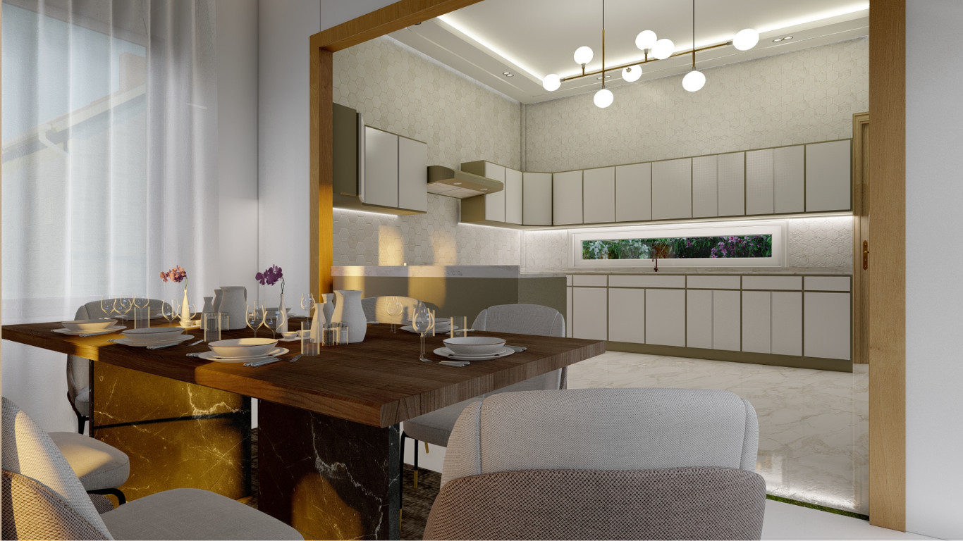 Modern Open-Plan Kitchen with Neutral Accents in Borehamwood