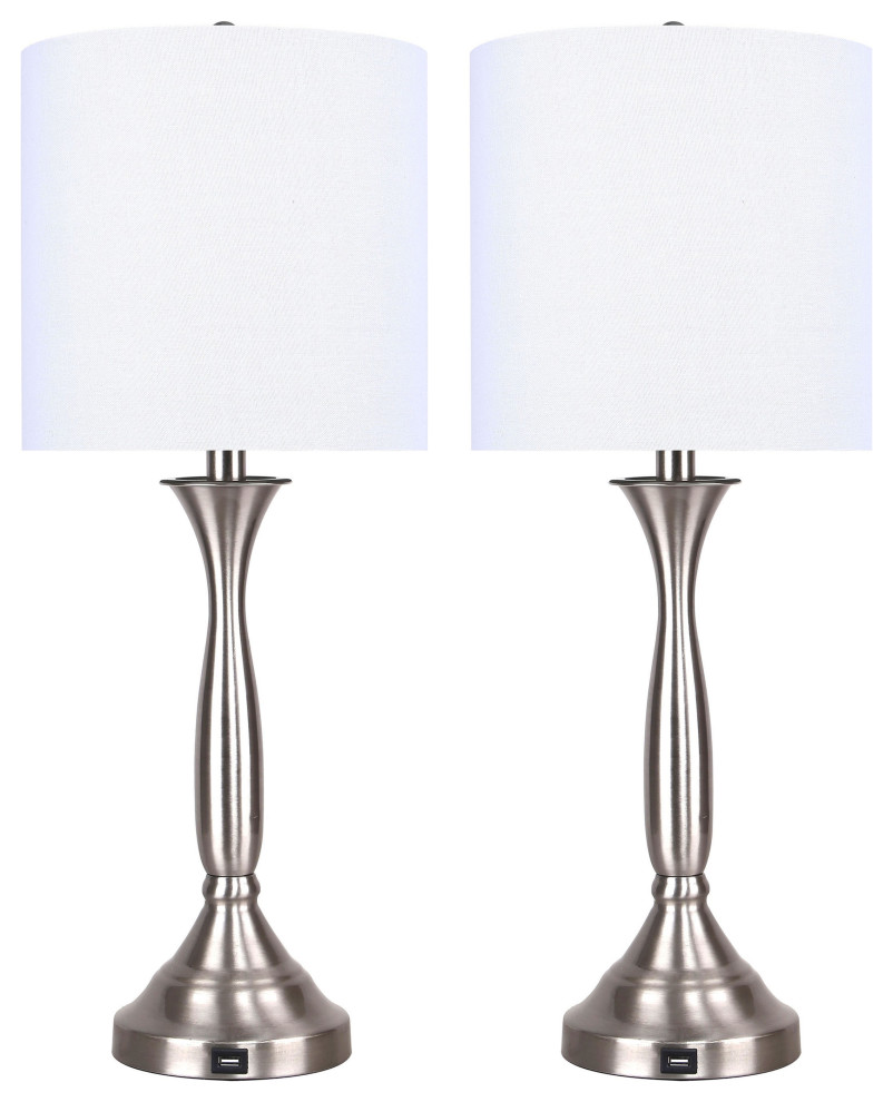 25.5" Brushed Nickel Table Lamps, USB Port in Base/White Linen Shades, Set of 2