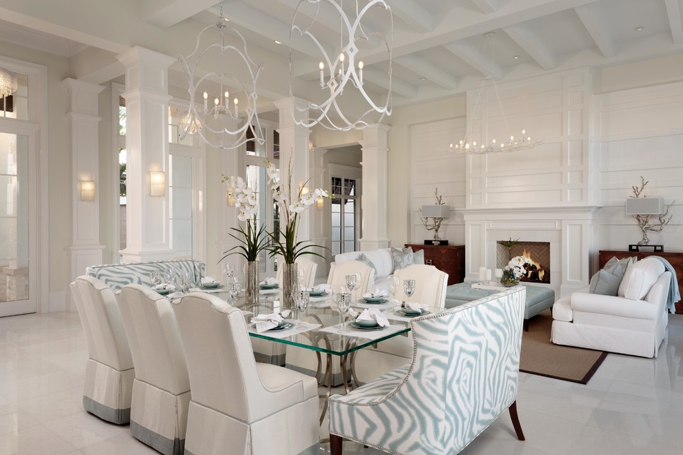 Large transitional separate dining room in Miami with white walls, porcelain floors, no fireplace and white floor.