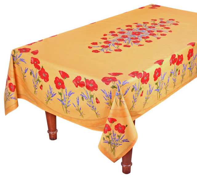 Rectangular Poppies Yellow Acrylic Coated Cotton Tablecloth, 60""x96