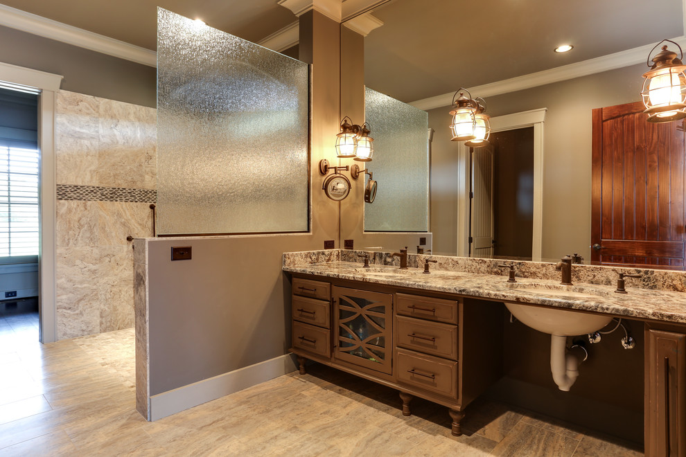 Mid-sized country master bathroom in Raleigh with furniture-like cabinets, distressed cabinets, a two-piece toilet, gray tile, ceramic tile, grey walls, ceramic floors, an undermount sink, wood benchtops, an open shower, beige floor and an open shower.