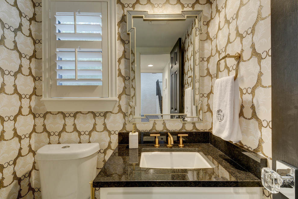 Alcove shower - transitional white tile alcove shower idea in Austin with white cabinets, white walls and a drop-in sink