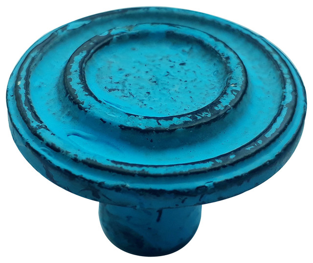 Ringed 1-1/2", 38mm, Distressed Blue Patina Cabinet knob