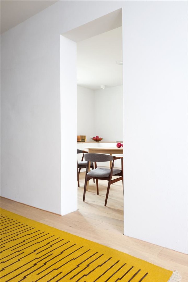 This is an example of a mid-sized midcentury hallway in Berlin with white walls and light hardwood floors.
