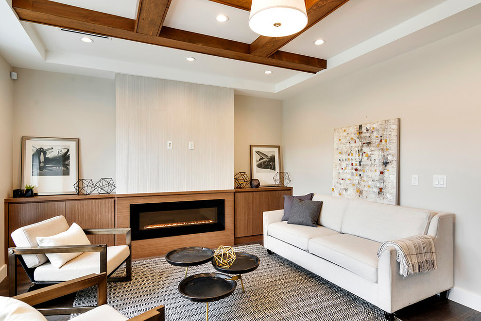 Contemporary living room in Vancouver with a ribbon fireplace.
