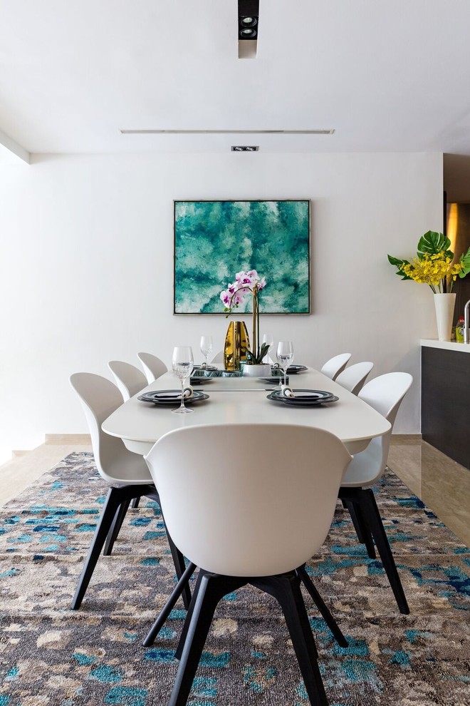 Design ideas for a contemporary dining room in Singapore with white walls and beige floor.