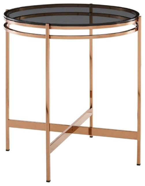 Cid 19 Inch Modern End Table Black Glass Top Rose Gold Legs Saltoro