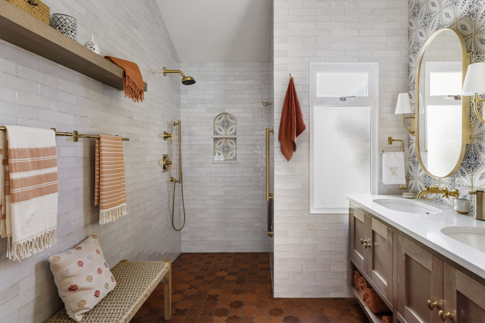 Inspiration for a large transitional master white tile and porcelain tile porcelain tile, orange floor, double-sink and vaulted ceiling double shower remodel in Seattle with light wood cabinets, a one-piece toilet, beige walls, an undermount sink, quartz countertops, white countertops, a niche, a floating vanity and shaker cabinets