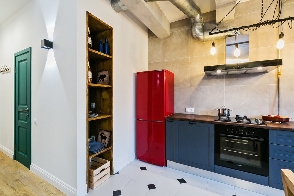Inspiration for a small industrial single-wall eat-in kitchen in Moscow with a drop-in sink, recessed-panel cabinets, blue cabinets, laminate benchtops, grey splashback, porcelain splashback, black appliances, ceramic floors, no island and grey floor.