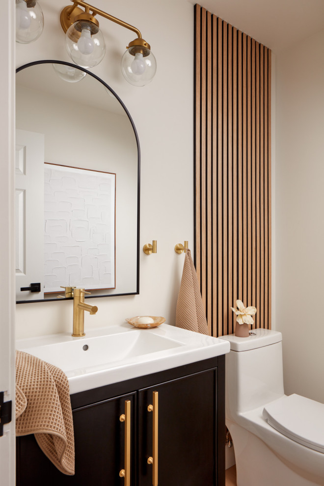 Inspiration for a contemporary cloakroom in San Francisco with shaker cabinets, black cabinets, white walls, an integrated sink and a freestanding vanity unit.