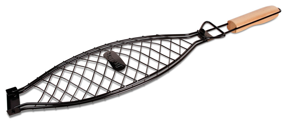 Bbq Large Fish Basket With Wooden Handle