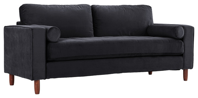 Modern Living Room Velvet Fabric 3 Seater Sofa 2 Bolster Pillows Modern Living Room Velvet Fabric 3 Seater Sofa 2 Bolster Pillows Black
