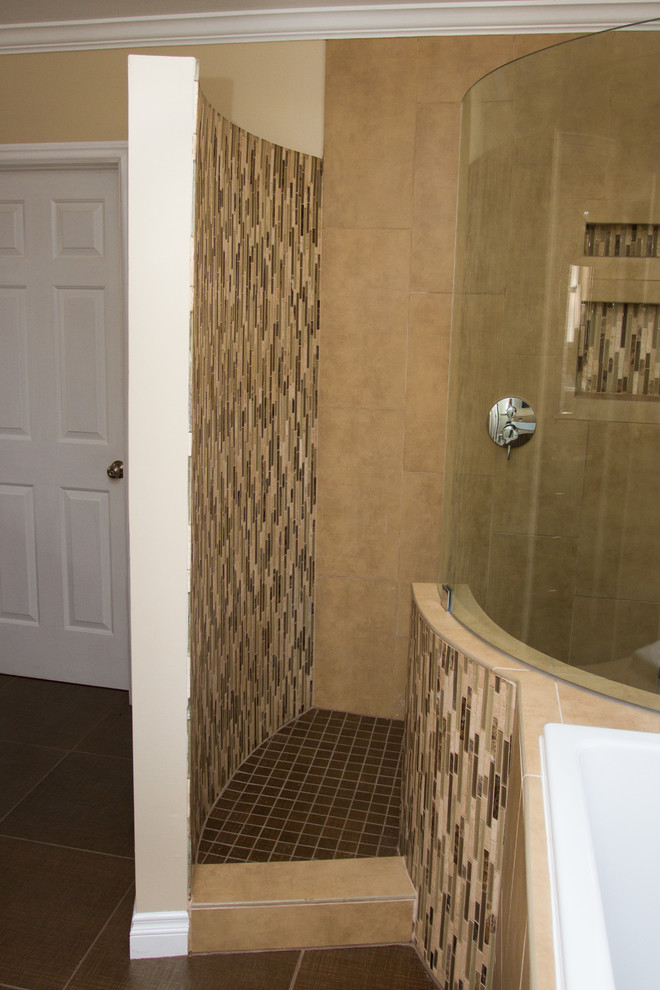Photo of a contemporary master bathroom in Los Angeles with an open shower, matchstick tile, ceramic floors and an open shower.