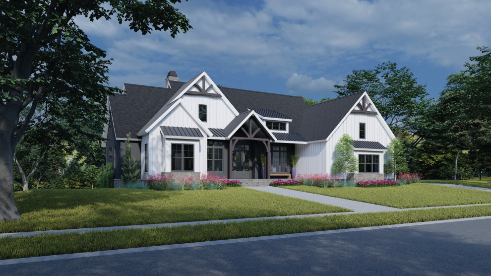 Zweistöckiges Landhausstil Einfamilienhaus mit Mix-Fassade, weißer Fassadenfarbe, Satteldach, Schindeldach und grauem Dach in Sonstige