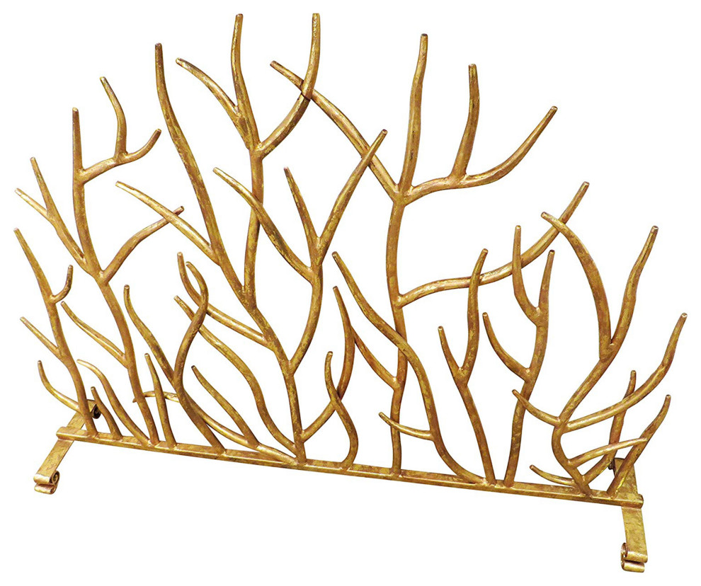 Gold Twig Branch Iron Firescreen Open Metal Fireplace Screen Flat Panel