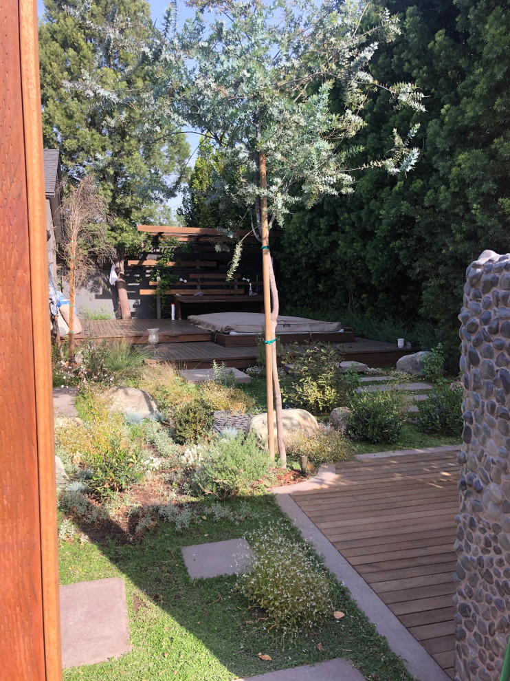 Immagine di un giardino eclettico esposto in pieno sole di medie dimensioni e dietro casa in primavera con pedane e recinzione in legno