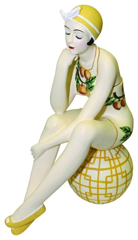 Retro Bathing Beauty Figurine Statue Swim Suit Beach Ball Yellow Fretwork Lemon Beach Style