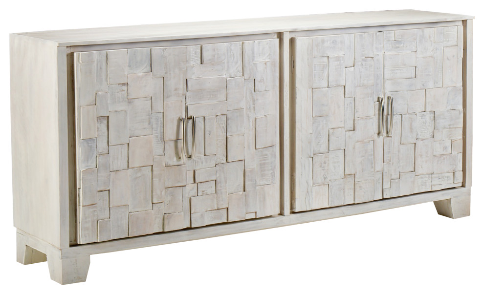 80" Mosaic Whitewashed Sideboard Buffet, Hand Carved Door Details