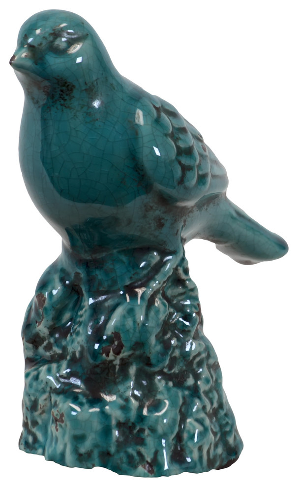 Urban Trends Ceramic Bird Figurine on A Tree Stump Gloss Finish Blue