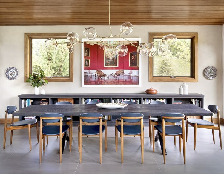 Mid-sized eclectic marble floor enclosed dining room photo in Denver with red walls and no fireplace