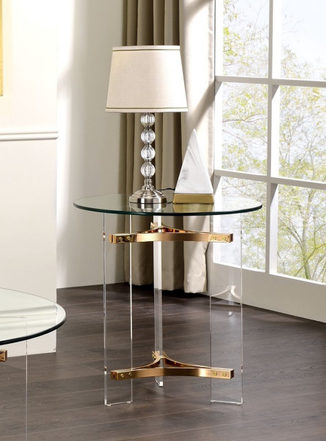 Elegant Side Table, Acrylic Legs With Golden Accents & Round Clear Glass Top - Contemporary ...