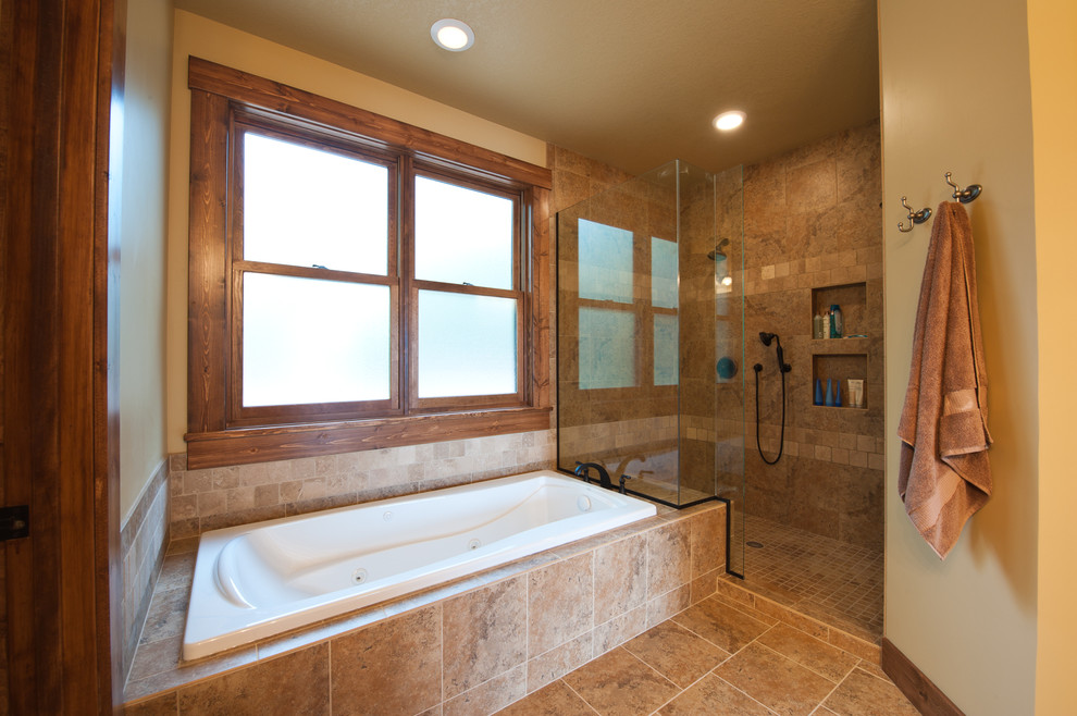 Drop-in bathtub - large rustic master beige tile and ceramic tile ceramic tile drop-in bathtub idea in Minneapolis with beige walls