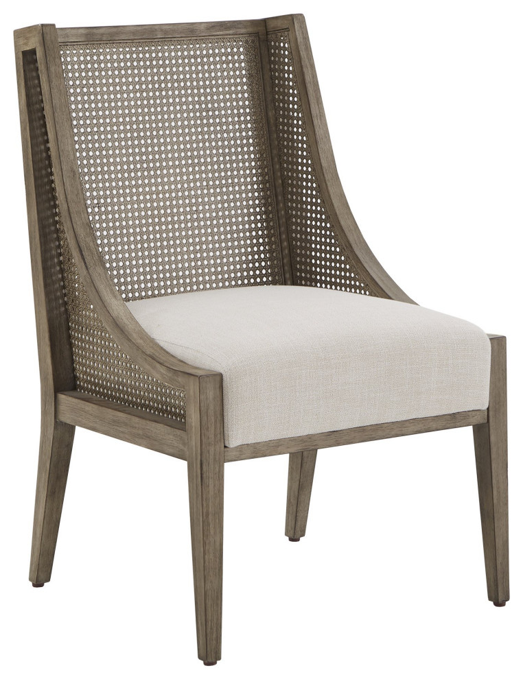 Set of 2, Accent Chair, Padded Seat, Rattan Back With Sloped Arms