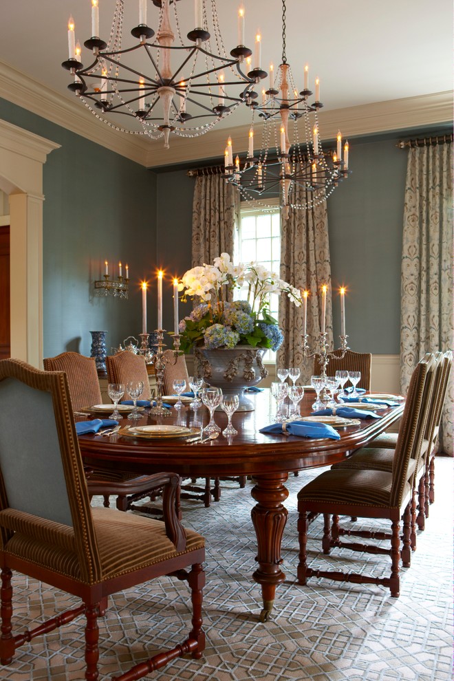 Inspiration for a large traditional separate dining room in New York with blue walls and no fireplace.