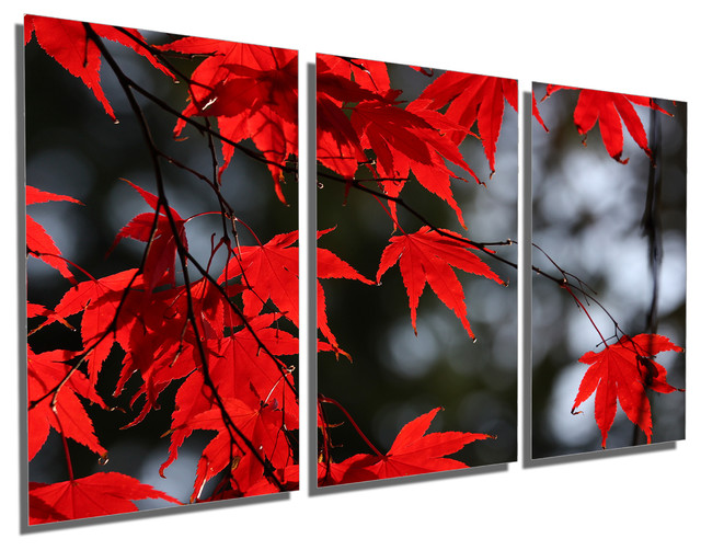 Red Maple Leaves Metal Print Wall Art 3 Panel Split Triptych 36x18