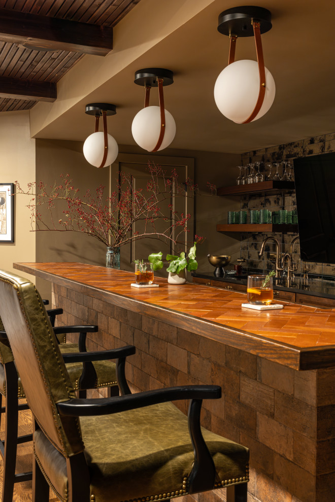 Basement - transitional wood ceiling basement idea in Chicago with green walls