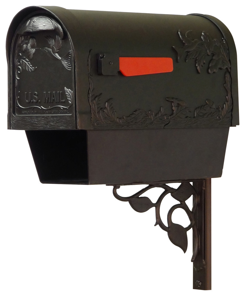 Hummingbird Mailbox With Newspaper Tube & Floral Front Mailbox Mounting Bracket