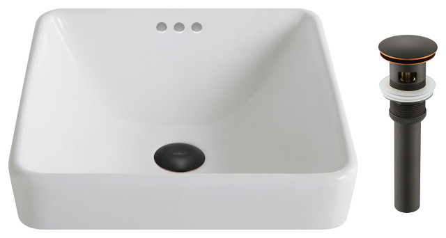 Elavo Ceramic Square Semi-Recessed White Sink, PU Drain Oil Rubbed Bronze