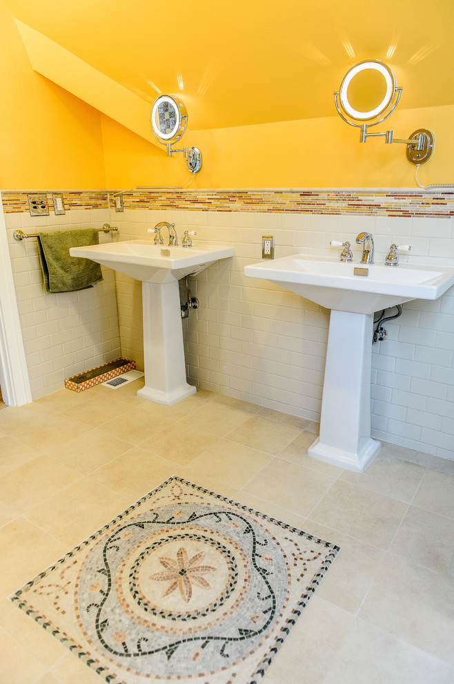 Mid-sized eclectic master bathroom in Portland with a drop-in tub, an open shower, white tile, porcelain tile, yellow walls, porcelain floors, a pedestal sink and a two-piece toilet.