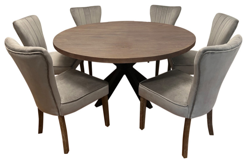 Felix 7Piece Dining Set With 60" Round Dining Table and 6 Mink Velvet Chairs Transitional