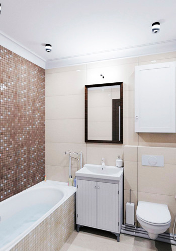 Пример оригинального дизайна: маленькая ванная комната с плоскими фасадами, белыми фасадами, бежевой плиткой, керамической плиткой, бежевыми стенами, полом из керамической плитки и накладной раковиной для на участке и в саду