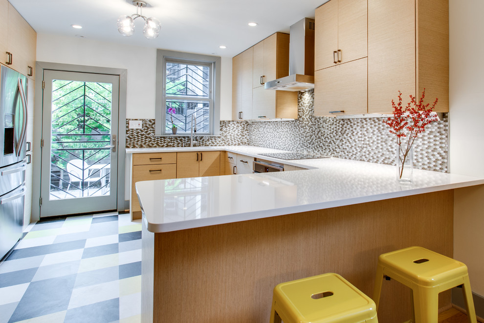 Photo of a mid-sized transitional u-shaped kitchen in DC Metro with an undermount sink, quartz benchtops, stainless steel appliances and a peninsula.