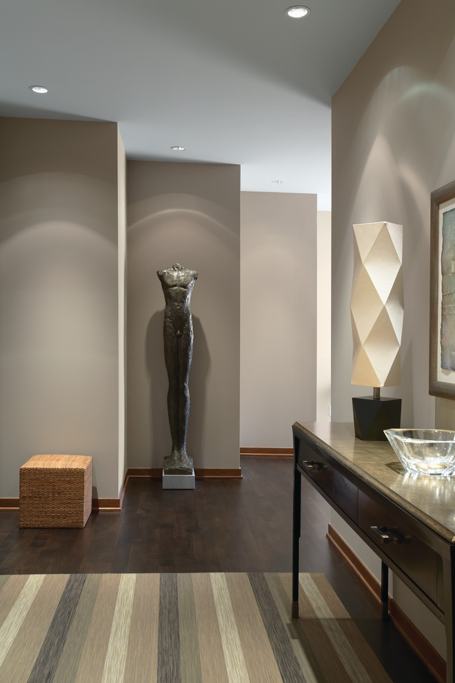 Photo of a contemporary hallway in Minneapolis with beige walls and dark hardwood floors.
