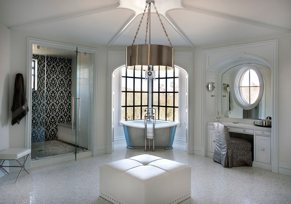 Design ideas for an expansive transitional master bathroom in Phoenix with recessed-panel cabinets, white cabinets, a freestanding tub, an alcove shower, black and white tile, white walls, mosaic tile floors, marble benchtops and a hinged shower door.