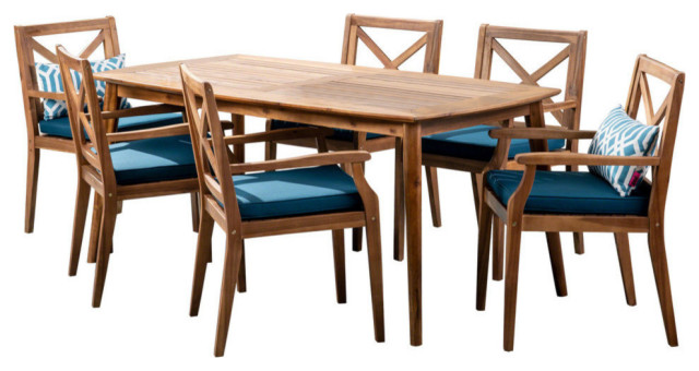 Gdf Studio 7 Piece Harvey Outdoor Acacia Wood Dining Set Teak Finish Blue Transitional Outdoor Dining Sets By Gdfstudio