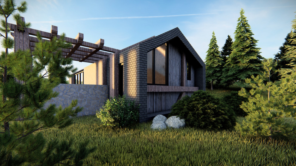 Стильный дизайн: маленький, одноэтажный, деревянный, коричневый мини дом в стиле модернизм с двускатной крышей, крышей из гибкой черепицы, коричневой крышей и отделкой дранкой для на участке и в саду - последний тренд