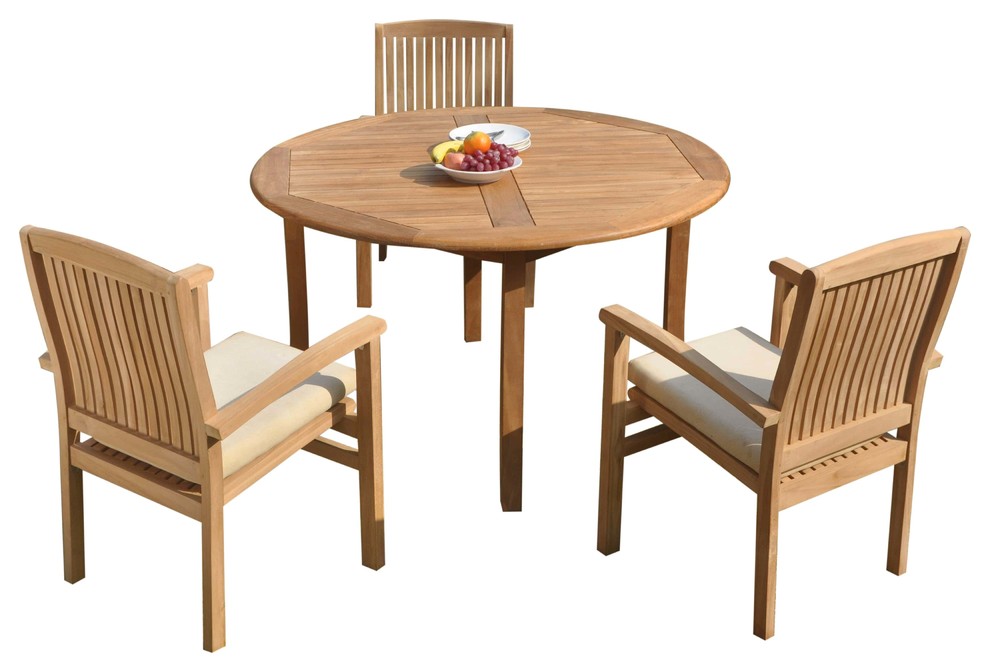 4Piece Outdoor Teak Dining Set 48" Round Table, 3 Wave Stacking Arm