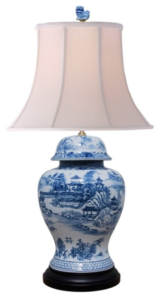 Beautiful Chinese Blue and White Blue Willow Porcelain Temple Jar Table