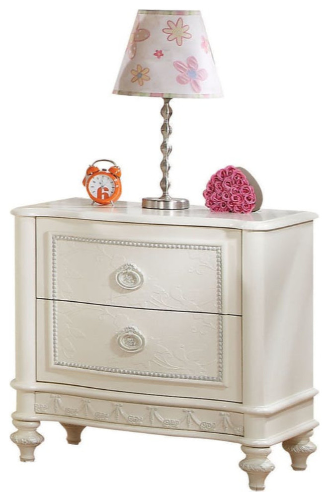 Wooden Two Drawer Nightstand With Floral Carved Trim Accent And Bun