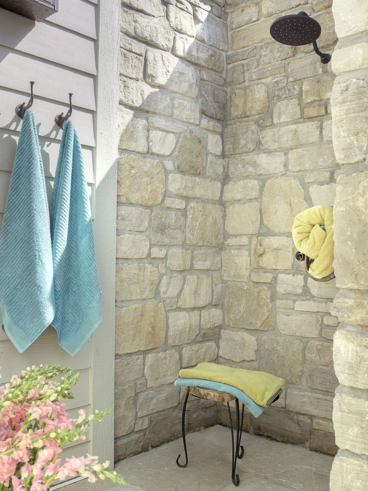 Design ideas for a traditional patio in St Louis with an outdoor shower.